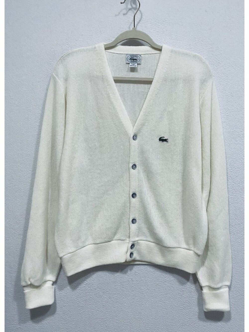Izod Lacoste Cardigan Sweater Mens Medium Ivory Button Up Grandpa Golf 80s USA